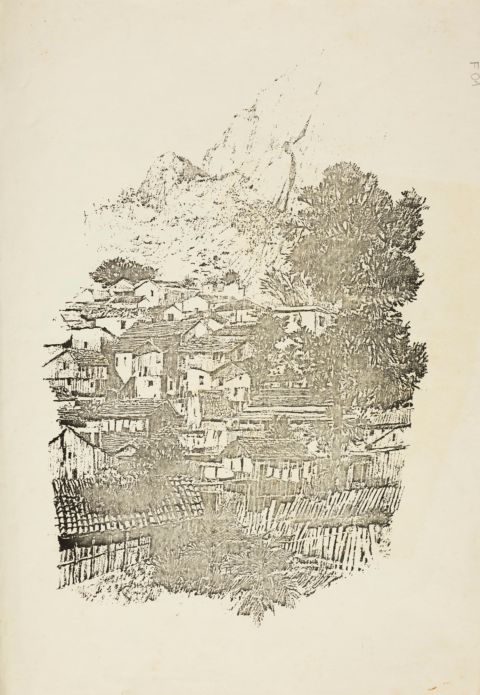 Gravura publicada na página 35 do livro Varal de Lembranças.  

Nota do livro referente ao desenho: “O que se conta aí, é que esse desenho é de um gringo. Ele chegou aqui, pediu pra ir pra cima de uma laje, pra tirar um traço da Rocinha. Quebrou a tampa da caixa d´água da vizinha.” F.C.S. 