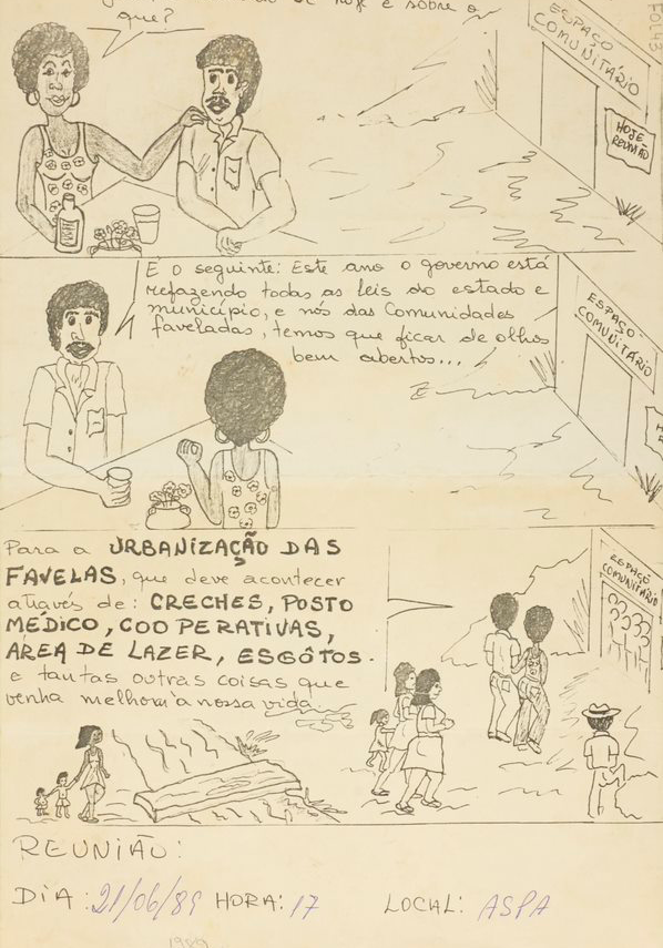 Panfleto de convocação para reunião na Ação Social Padre Anchieta (ASPA) sobre a urbanização das favelas. Informações na imagem: Data: 21/06/1989; Hora (da reunião): 17h; Local: ASPA