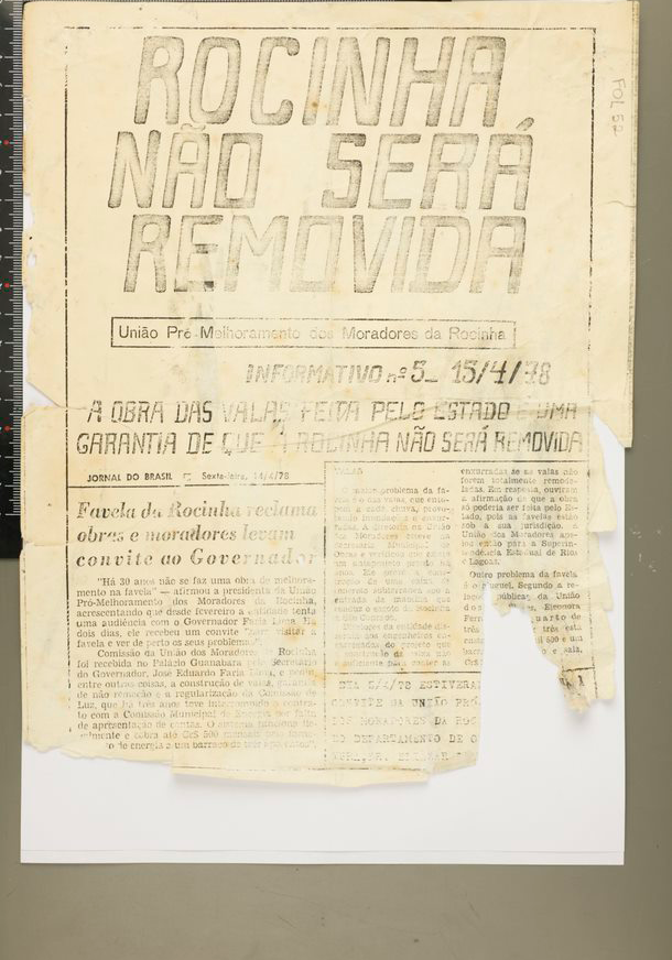 Informativo da UPMMR (União Pro Melhoramento dos Moradores da Rocinha) n. 5. Notícias sobre o problema das valas; urbanização X a remoção. Reprodução de reportagem do Jornal do Brasil 14/04/1978.